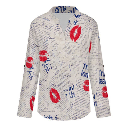 Newspaper Red Lip Print Blue Letters Roll Tab 3/4 Sleeve Notched V Neck Tunic Blouse