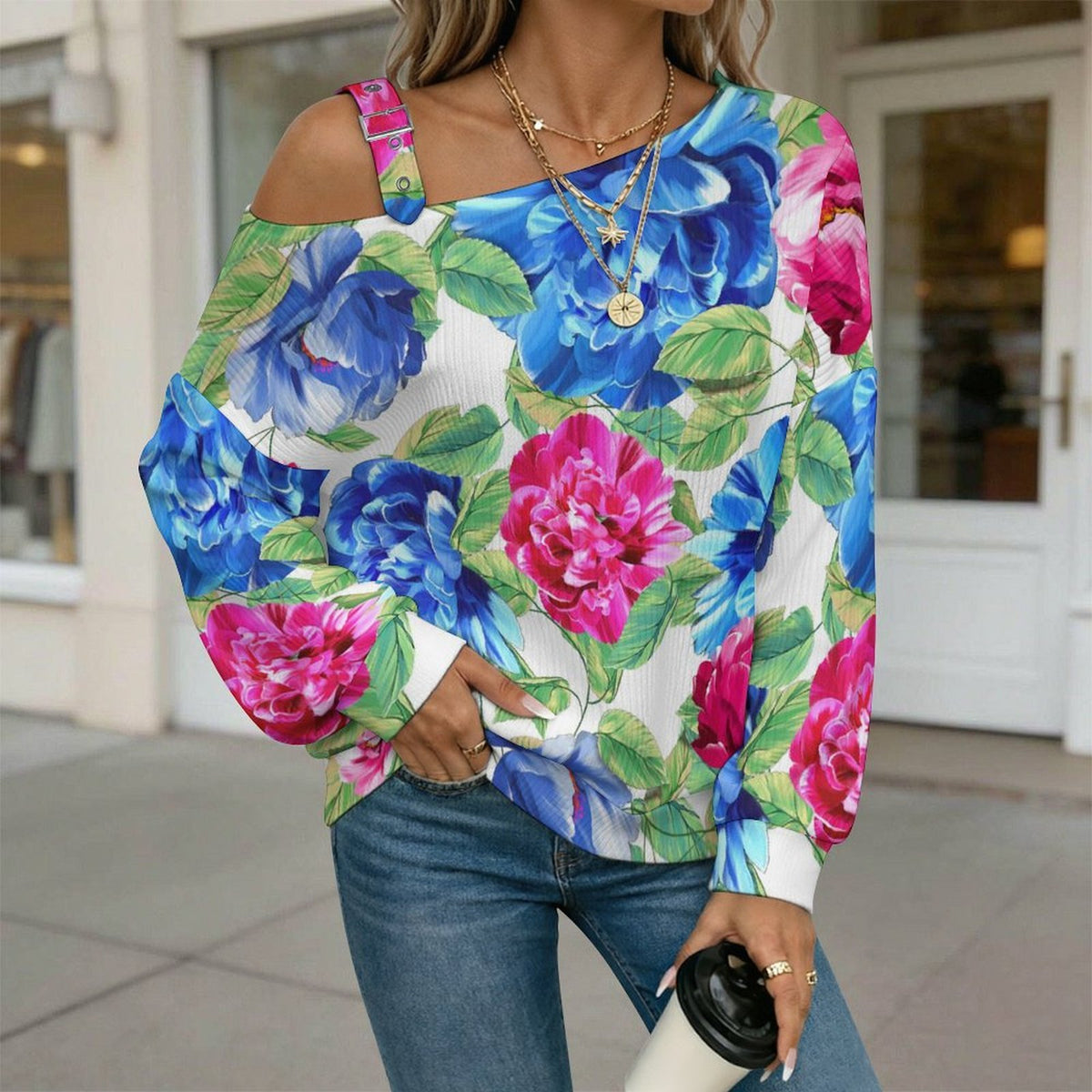 Women’s Off-Shoulder Knit Sweater Blue, Red, FlowersBlue, Red, Flowers