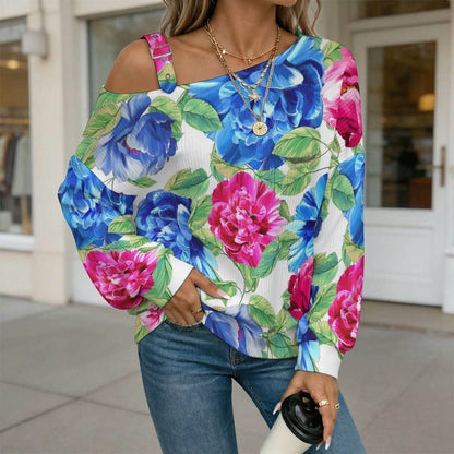 Women’s Off-Shoulder Knit Sweater Blue, Red, FlowersBlue, Red, Flowers
