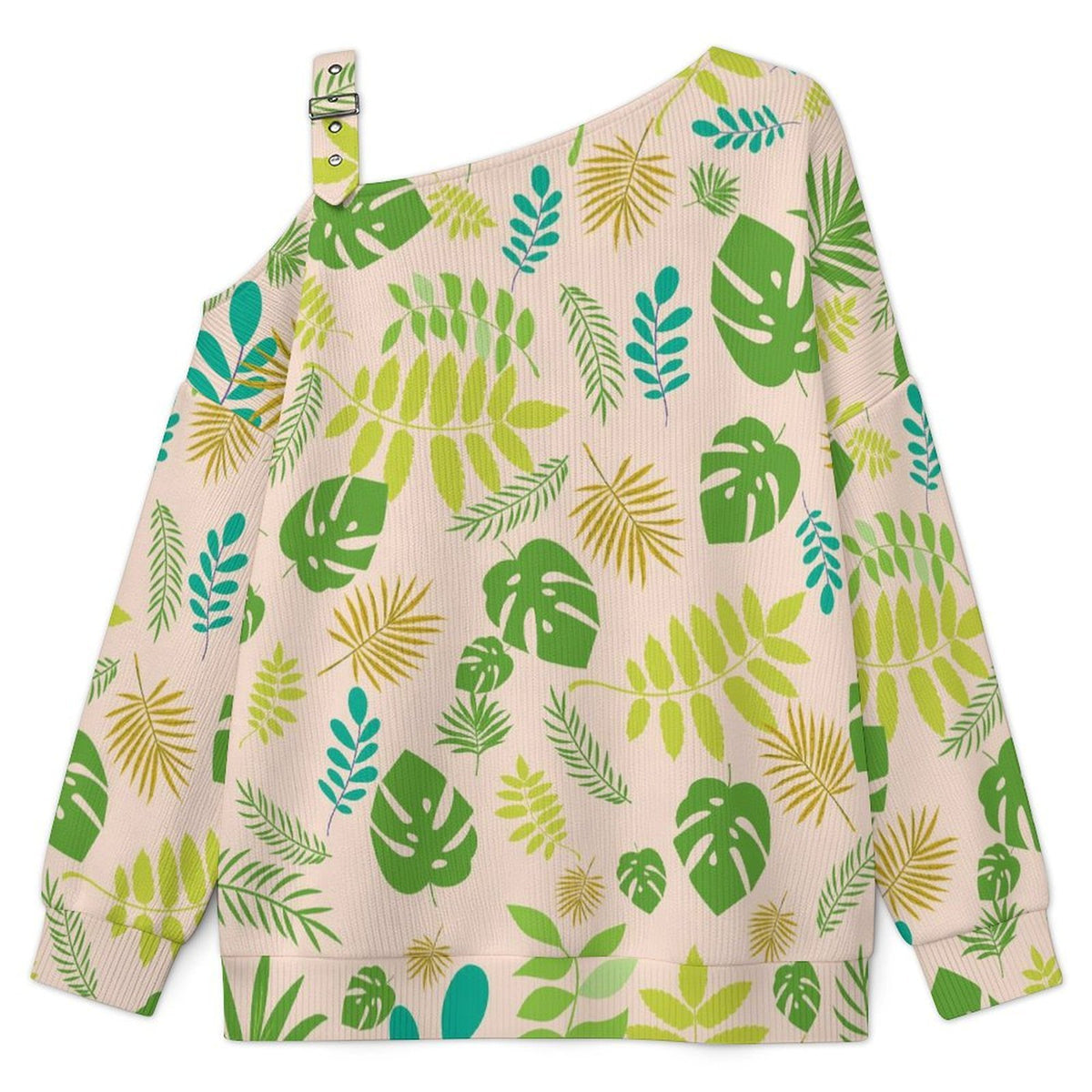 Women’s Off-Shoulder Knit Sweater Tropical Plant Background