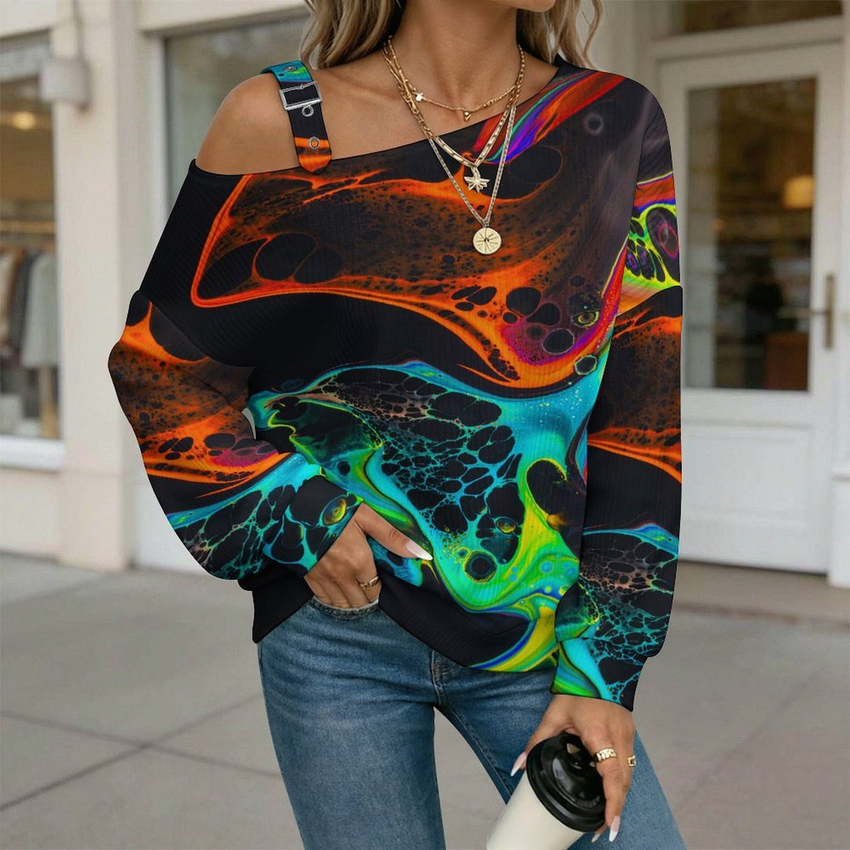 Off-the-shoulder Sweater Long Sleeve Relaxed-Fit Solid PulloverPattern