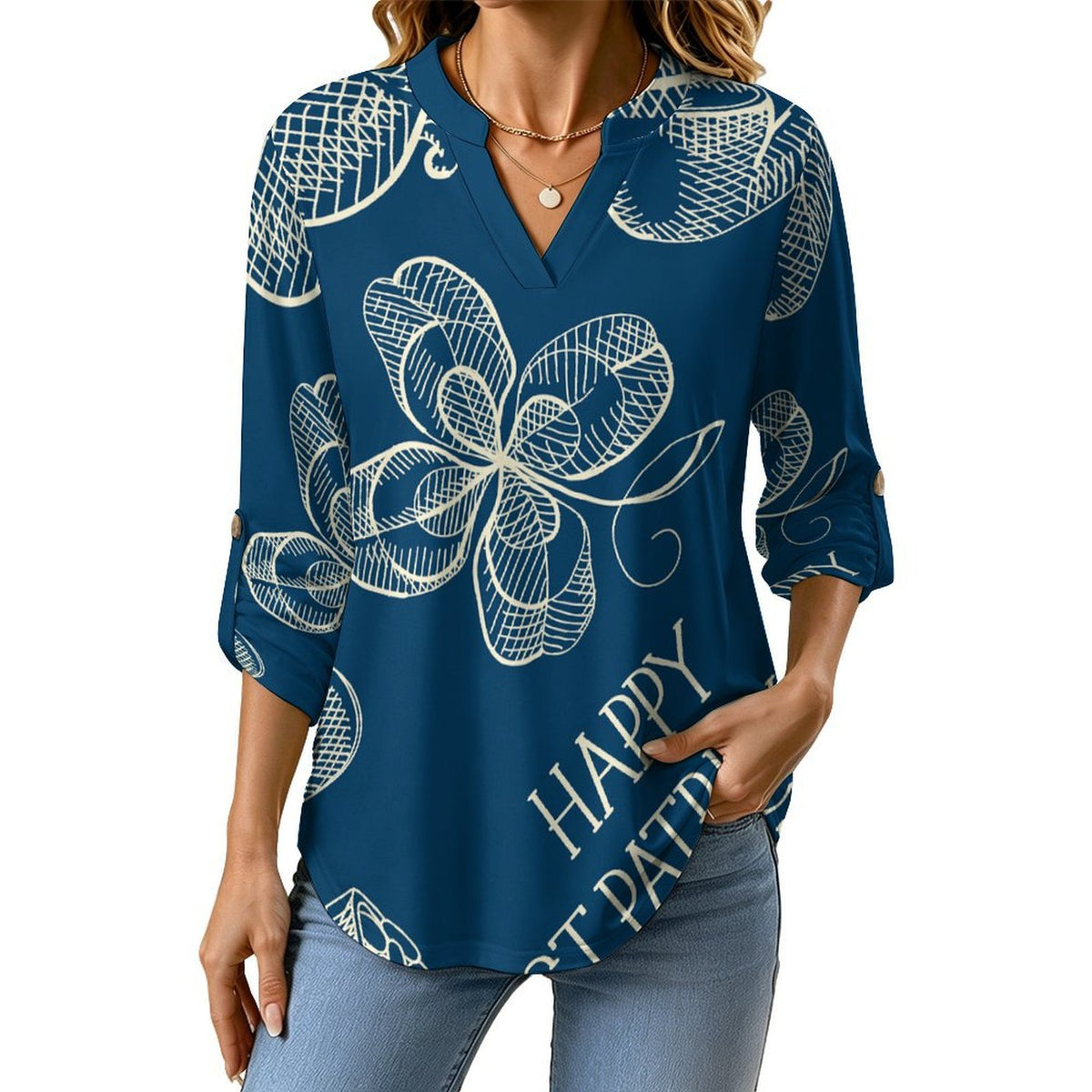 Women Curved Hem V Neck Roll Sleeve Casual Work Top  Blue, St. Patrick's Day, Pattern