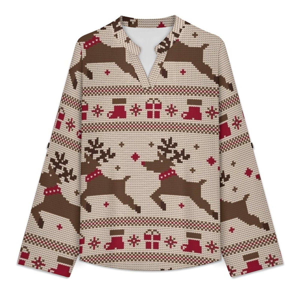 Christmas Pattern  Versatile Notched V-Neck Tunic | Roll Tab 3/4 Sleeve Office Casual Top