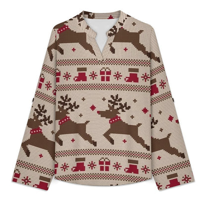 Christmas Pattern  Versatile Notched V-Neck Tunic | Roll Tab 3/4 Sleeve Office Casual Top