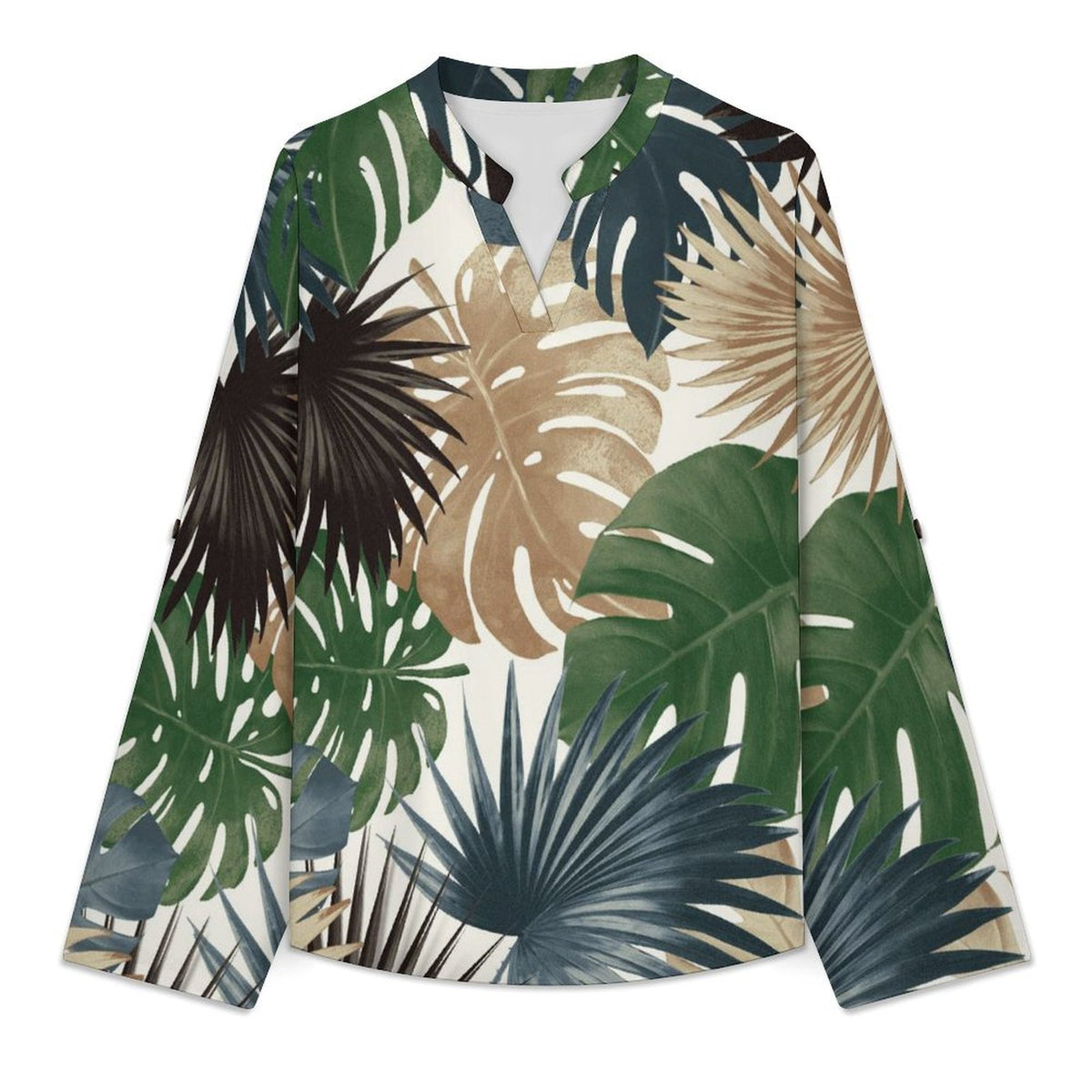 Stand-up Collar Long-sleeved Shirt Plant Summer white SWomen’s V-Neck Blouses