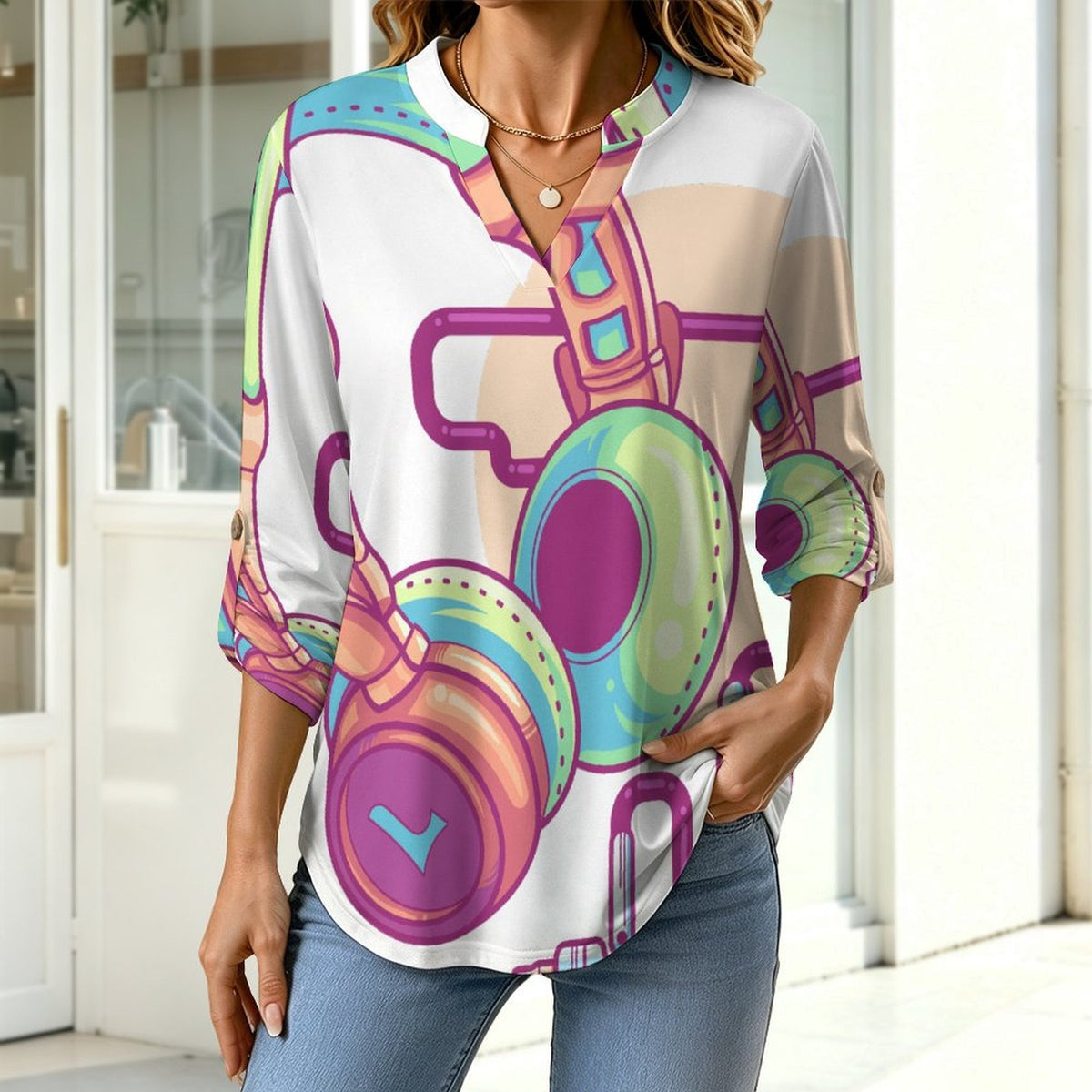 Headphones, Music  Women Curved Hem V Neck Roll Sleeve Casual Work Top