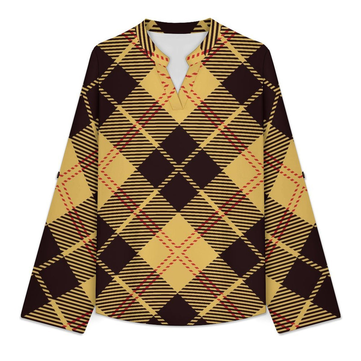 Versatile Notched V-Neck Tunic | Roll Tab 3/4 Sleeve Office Casual Top  Tartan Dresses Are Retro