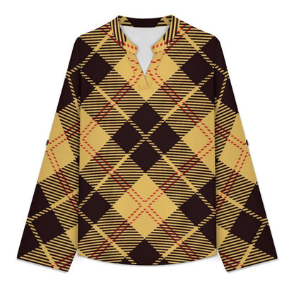 Versatile Notched V-Neck Tunic | Roll Tab 3/4 Sleeve Office Casual Top  Tartan Dresses Are Retro