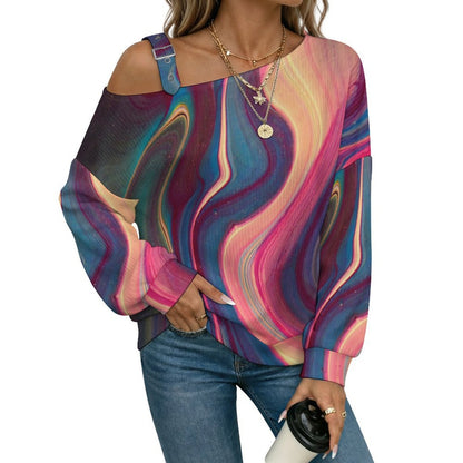 Off-the-shoulder Sweater Long Sleeve Relaxed-Fit Solid PulloverColor Shading, Pattern, Abstract