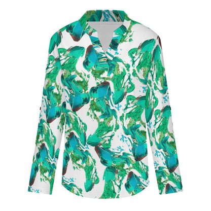 Versatile Notched V-Neck Tunic | Roll Tab 3/4 Sleeve Office Casual Top  Liquid, Repeating Pattern