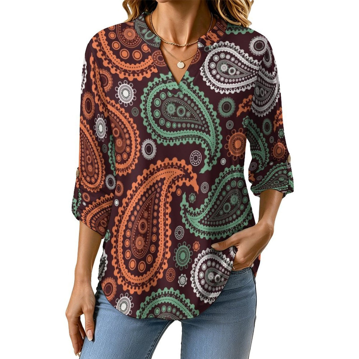 Paisley  Women Curved Hem V Neck Roll Sleeve Casual Work Top