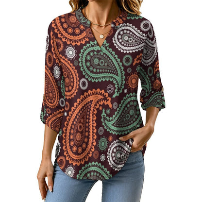 Paisley  Women Curved Hem V Neck Roll Sleeve Casual Work Top