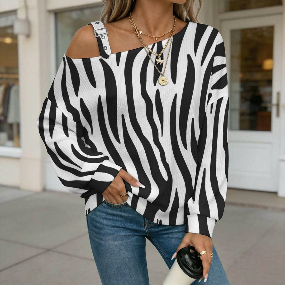 Black Zebra Pattern Fall Casual Asymmetric Shoulder Knit Top with Buckle Detail