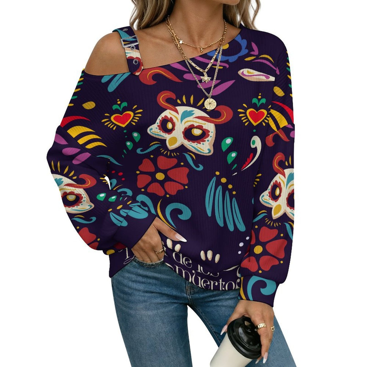 Retro Pattern, Nationality, Tradition Fall Casual Asymmetric Shoulder Knit Top with Buckle Detail