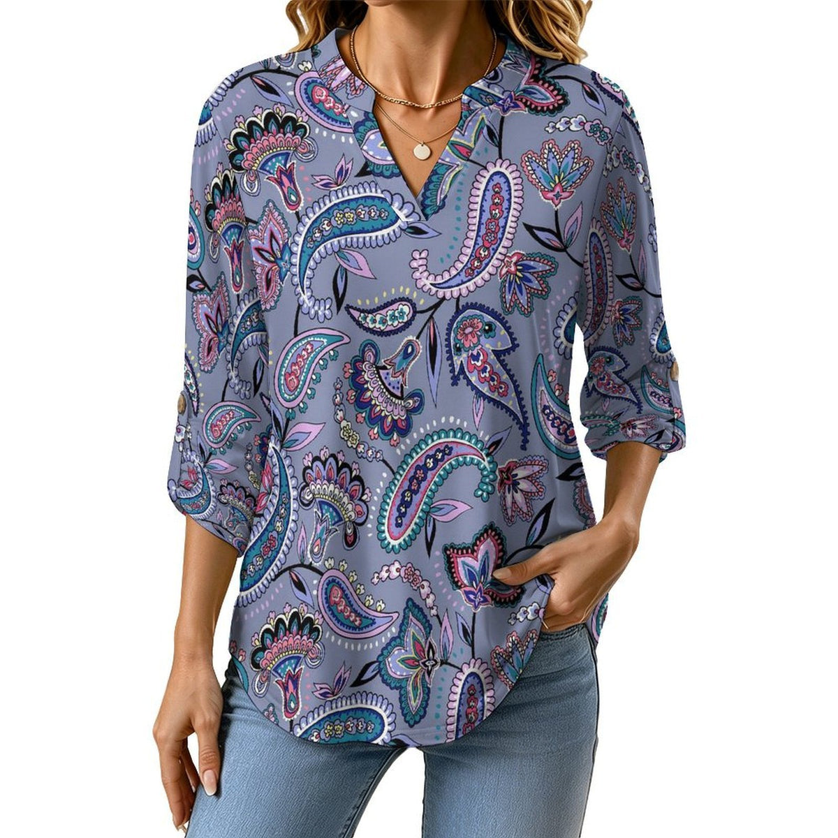 Paisley Women's Notched V Neck Tunic Tops, Roll Up 3/4 Sleeve Button Cuff Casual Blouse, Hem Loose Work Shirts