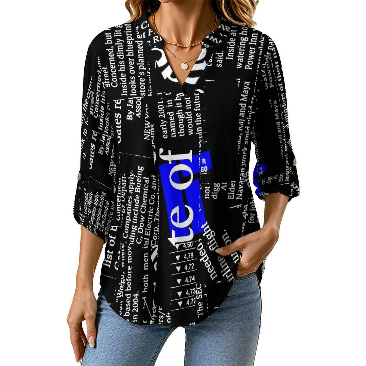 Stand-up Collar Long-sleeved Shirt Newspaper Dress white S Women’s V-Neck Blouses