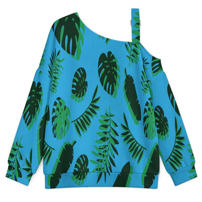 Fall Casual Asymmetric Shoulder Knit Top with Buckle Detail Blue Background, Green Leaves