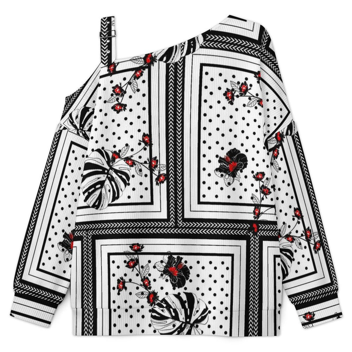 Fall Casual Asymmetric Shoulder Knit Top with Buckle Detail European Retro Pattern