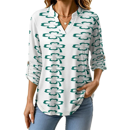 Women Curved Hem V Neck Roll Sleeve Casual Work Top  St. Patrick's Day, White, Clover
