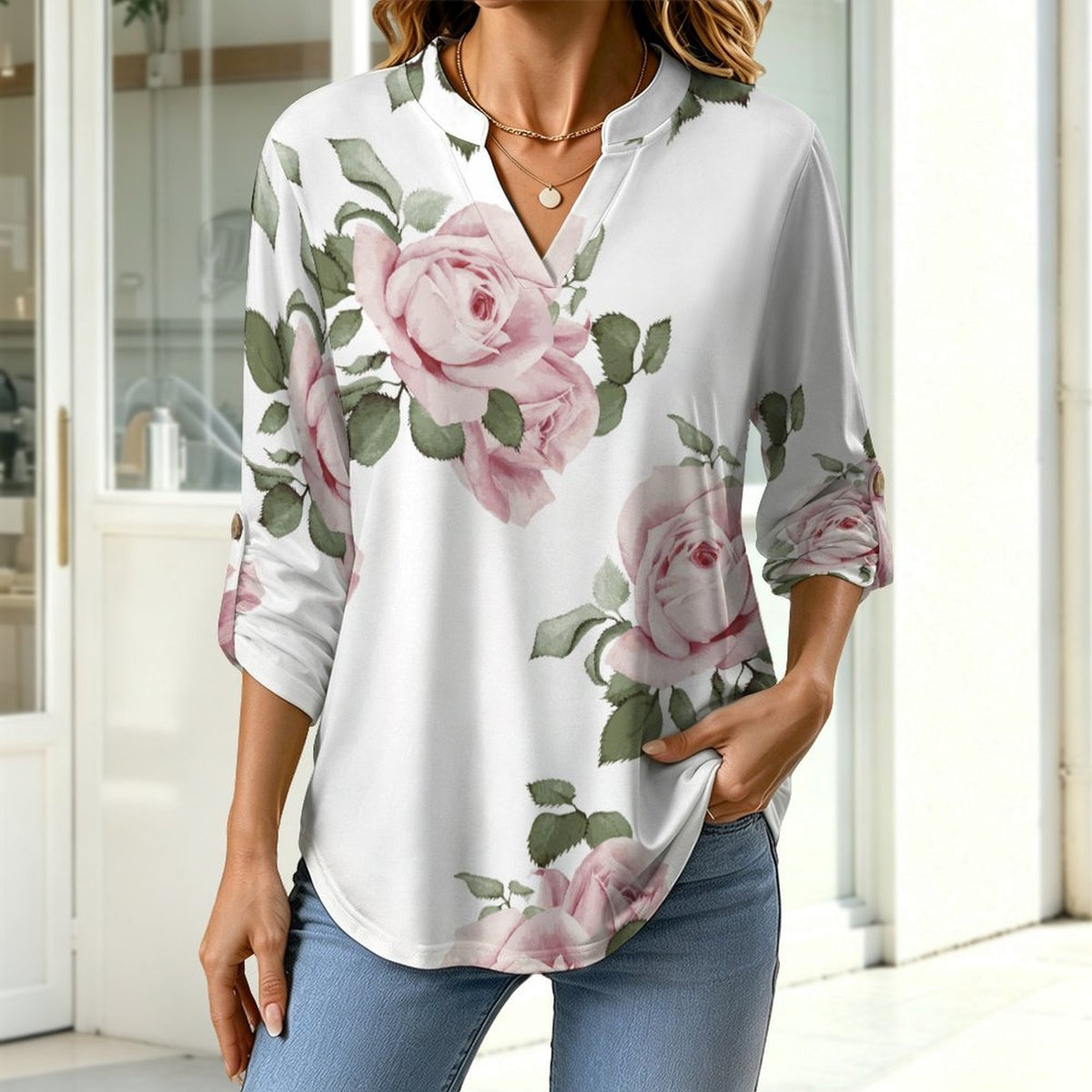 Stand-up Collar Long-sleeved Shirt Rose Repeat Tablecloth Curtain white S Women’s V-Neck Blouses