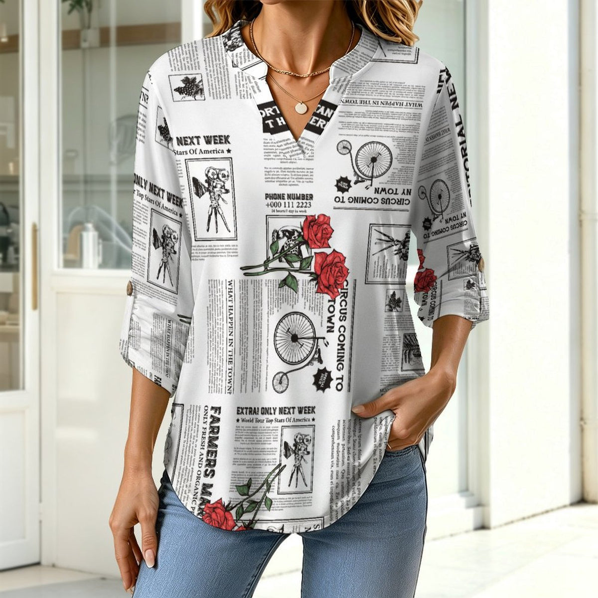 Versatile Notched V-Neck Tunic  Roll Tab 3/4 Sleeve Office Casual Top  Newspaper  Red Rose