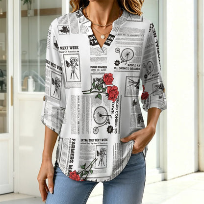 Versatile Notched V-Neck Tunic  Roll Tab 3/4 Sleeve Office Casual Top  Newspaper  Red Rose