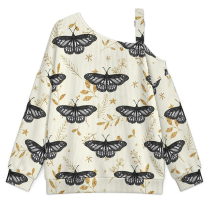 Women’s Off-Shoulder Knit Sweater Butterfly Repeat Pattern