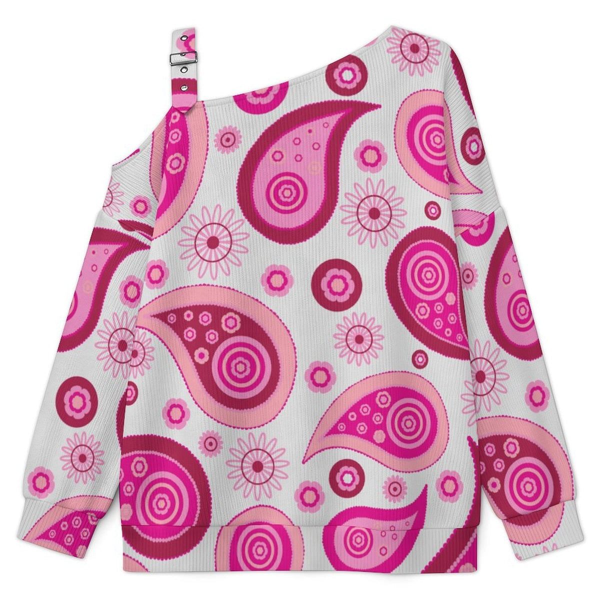 Fall Casual Asymmetric Shoulder Knit Top with Buckle Detail Pink Paisley Pattern