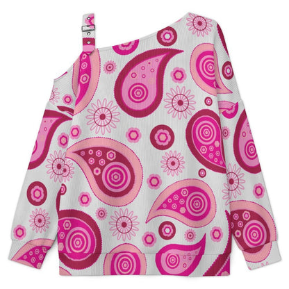 Fall Casual Asymmetric Shoulder Knit Top with Buckle Detail Pink Paisley Pattern