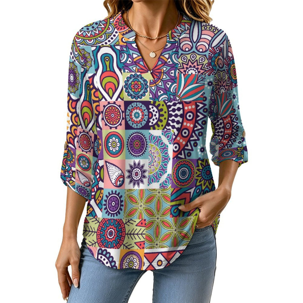 Vintage Pattern, Background  Versatile Notched V-Neck Tunic | Roll Tab 3/4 Sleeve Office Casual Top
