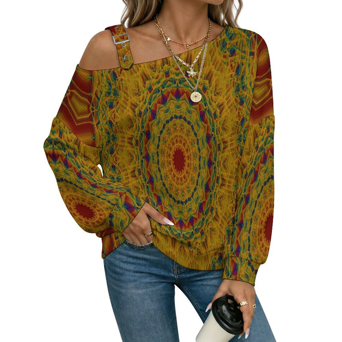 Retro Pattern, Background Fall Casual Asymmetric Shoulder Knit Top with Buckle Detail