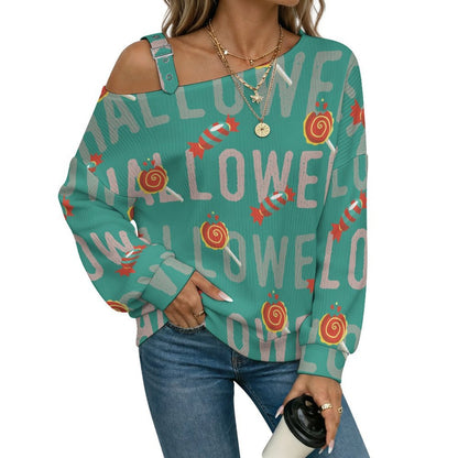 Fall Casual Asymmetric Shoulder Knit Top with Buckle Detail Halloween Candy, Sweetheart, Snacks
