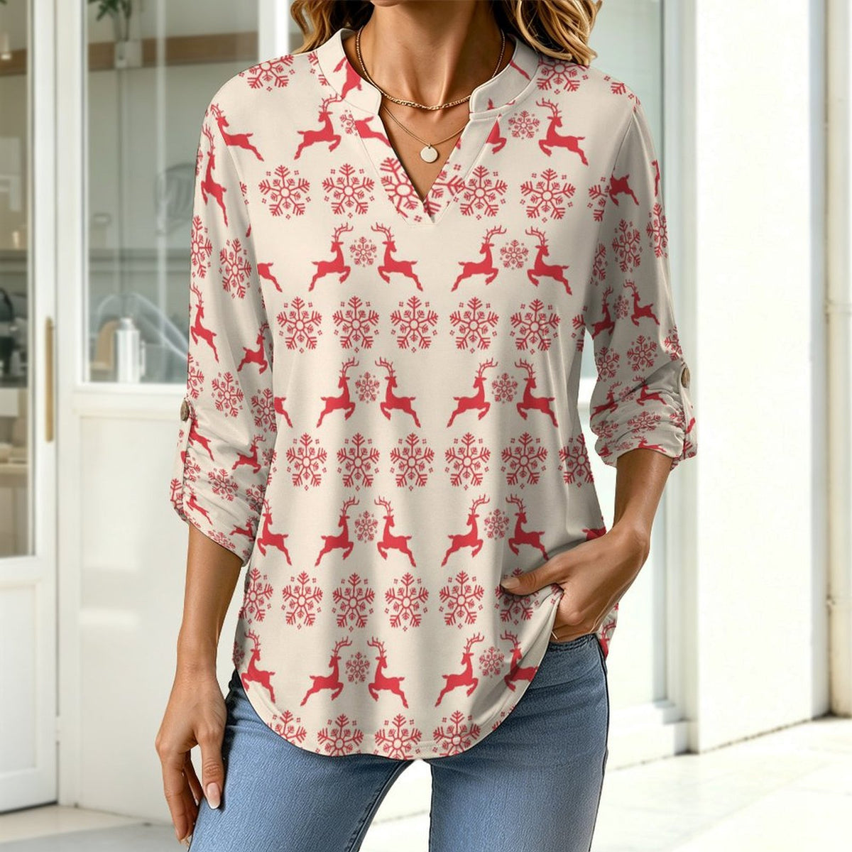 Women's Notched V Neck Tunic Tops, Roll Up 3/4 Sleeve Button Cuff Casual Blouse, Hem Loose Work Shirts  Christmas-snowflake-reindeer-red-tiled-repeat