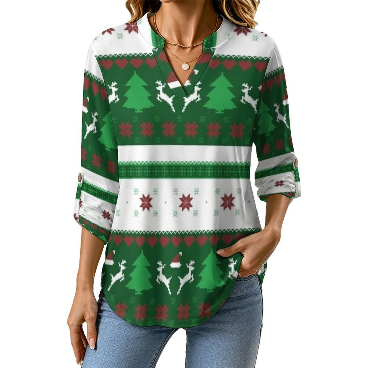 Versatile Notched V-Neck Tunic  Roll Tab 3/4 Sleeve Office Casual Top  Christmas Pattern