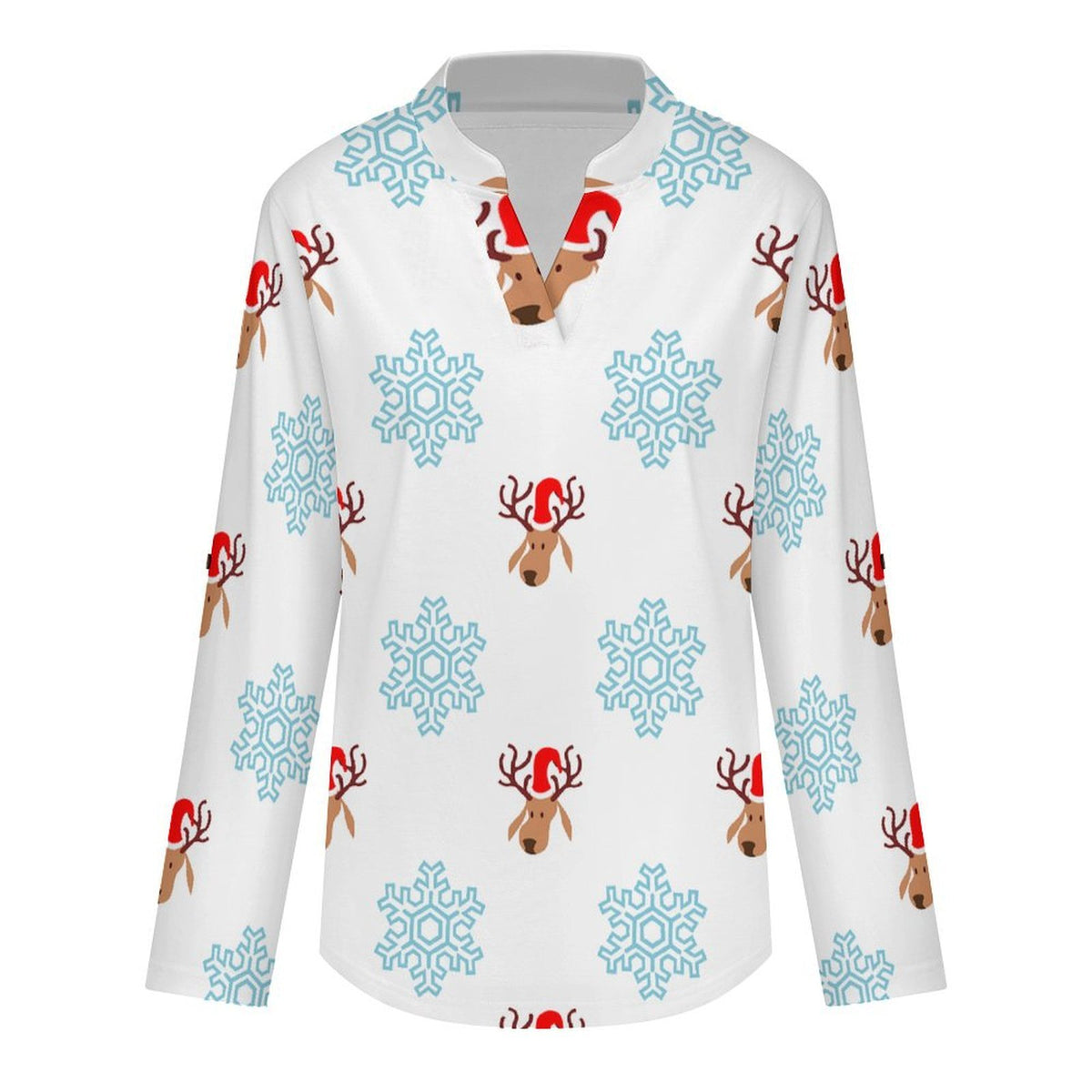Snow, Elk  Versatile Notched V-Neck Tunic | Roll Tab 3/4 Sleeve Office Casual Top