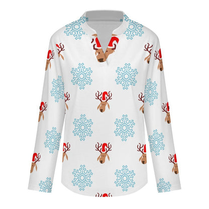 Snow, Elk  Versatile Notched V-Neck Tunic | Roll Tab 3/4 Sleeve Office Casual Top