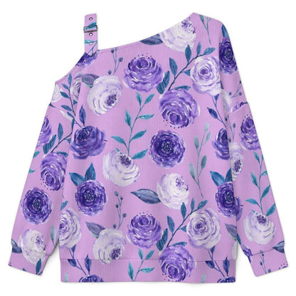 Women’s Off-Shoulder Knit Sweater Purple Flowers