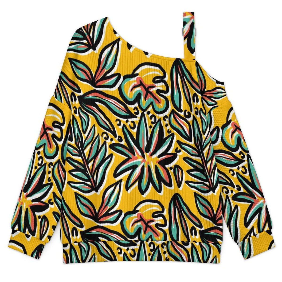 Floral, Repeating Pattern Fall Casual Asymmetric Shoulder Knit Top with Buckle Detail