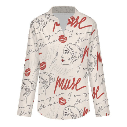 Stand-up Collar Long-sleeved Shirt Women, Roses,muse white S Women’s V-Neck Blouses