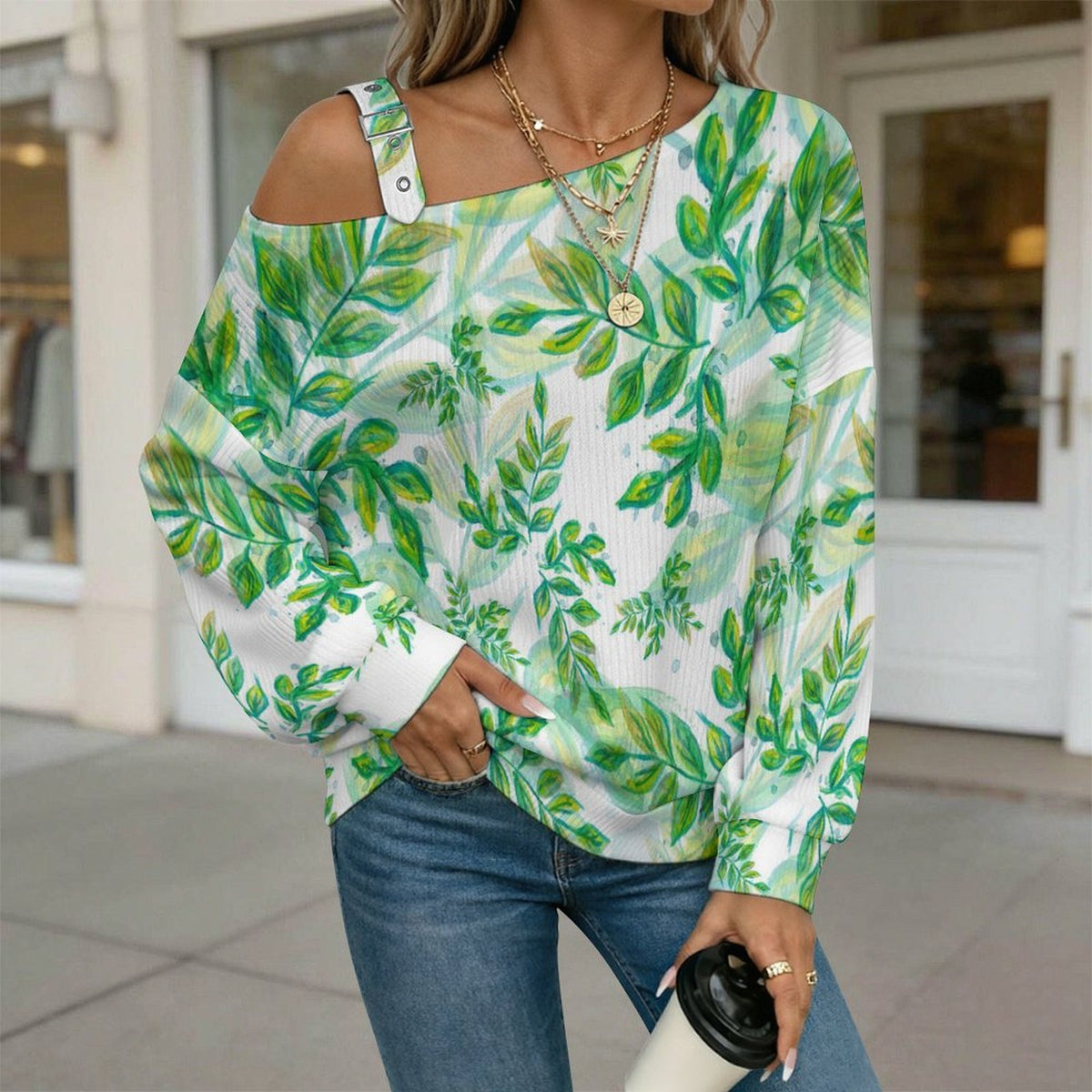 Fall Casual Asymmetric Shoulder Knit Top with Buckle Detail Ink Painting, Green Leaves
