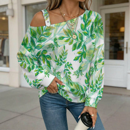 Fall Casual Asymmetric Shoulder Knit Top with Buckle Detail Ink Painting, Green Leaves