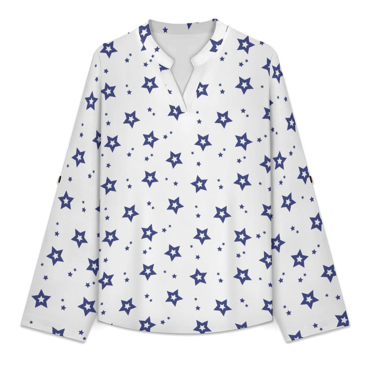 Stand-up Collar Long-sleeved Shirt Five-pointed Stars white S Women’s V-Neck Blouses