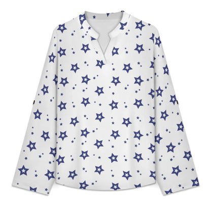 Stand-up Collar Long-sleeved Shirt Five-pointed Stars white S Women’s V-Neck Blouses