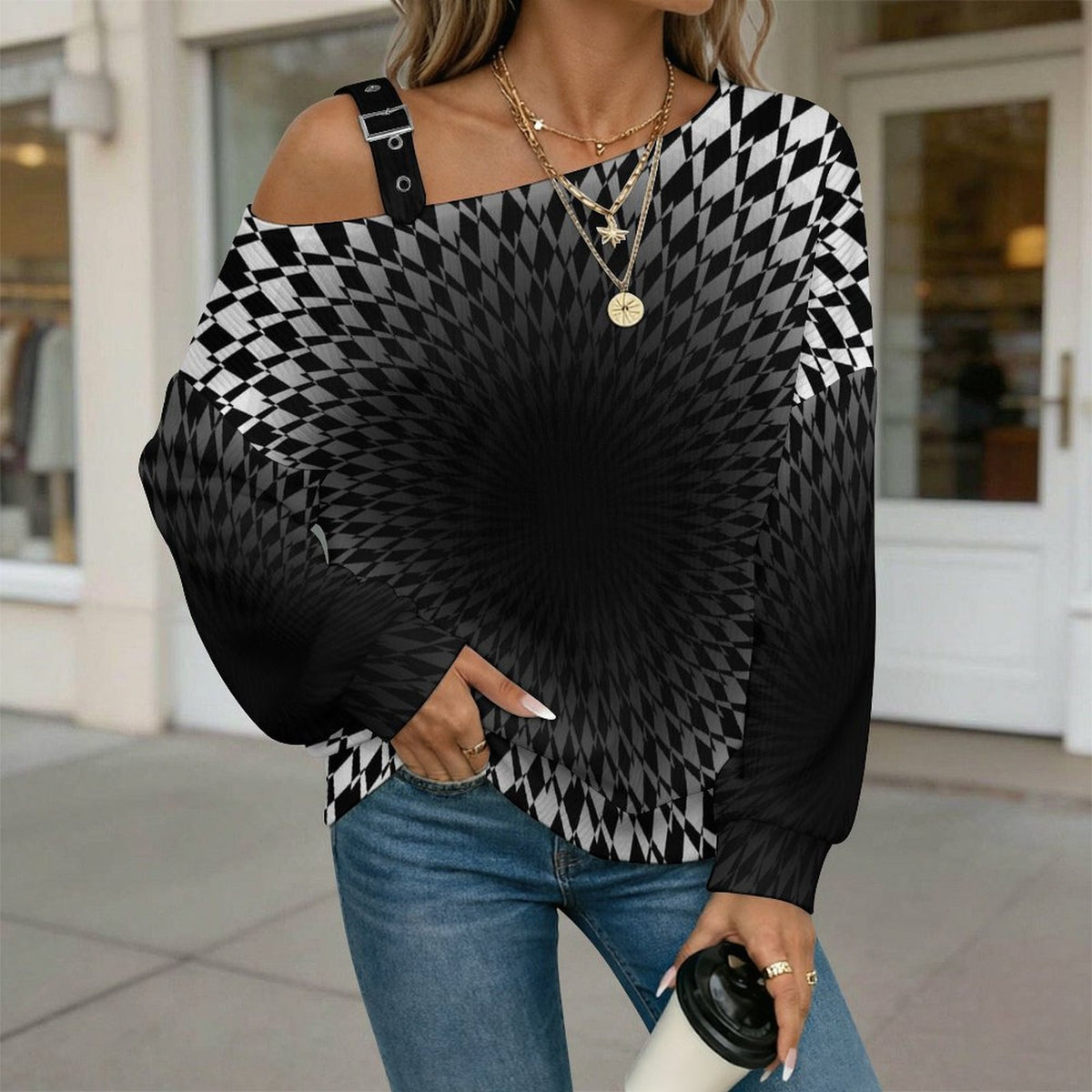 Women’s Off-Shoulder Knit Sweater Optical Art Viaual Trap