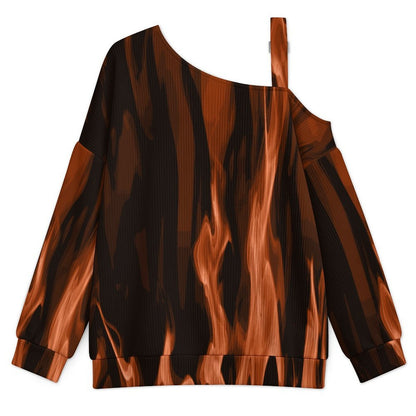 Red Flame, Burning Buckle Strap Asymmetrical Off Shoulder Knit Sweater
