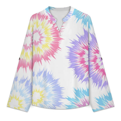 Women's Notched V Neck Tunic Tops, Roll Up 3/4 Sleeve Button Cuff Casual Blouse, Hem Loose Work Shirts  Color Special-shaped Graphics