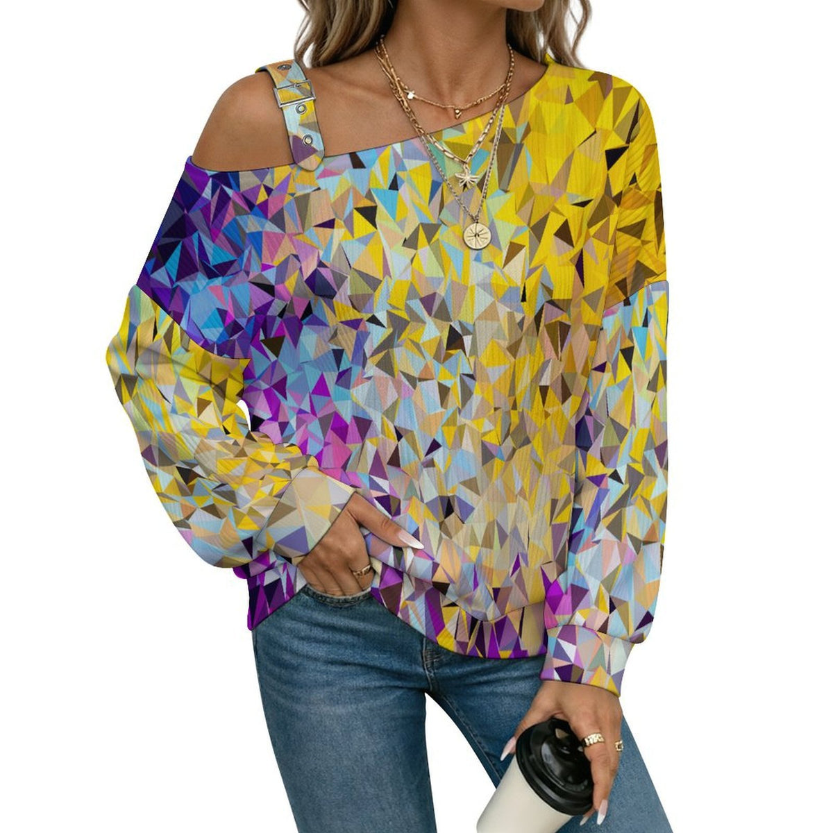 Long Sleeve Relaxed-Fit Solid Pullover Colored Diamond Pattern
