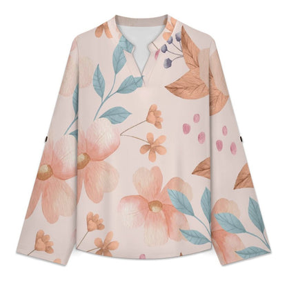 Stand-up Collar Long-sleeved Shirt Pink Flowers, Background white SWomen’s V-Neck Blouses