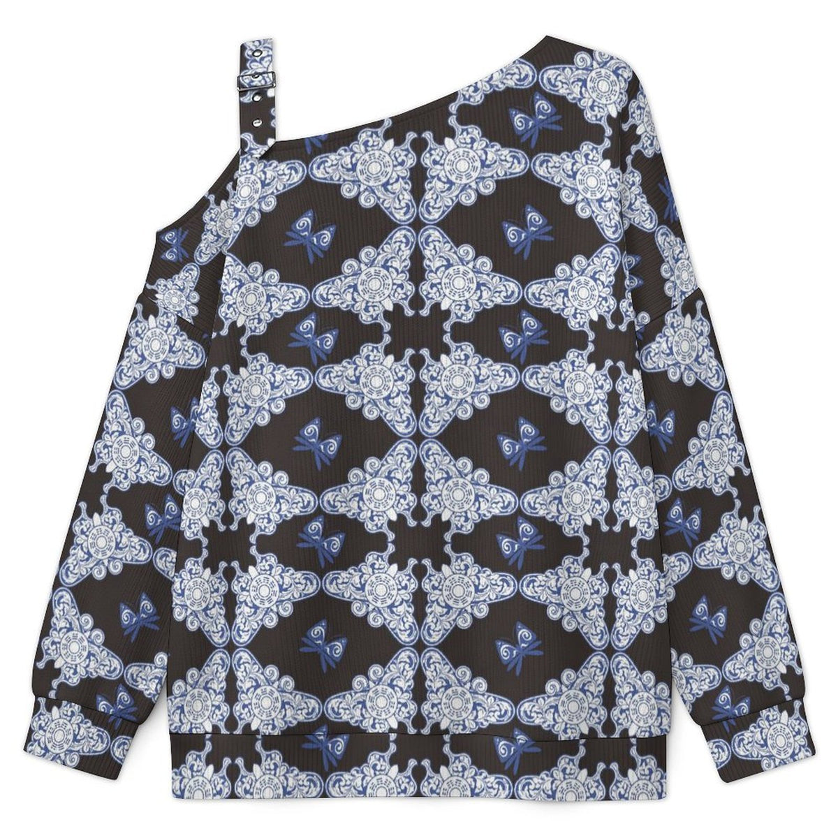 Women’s Off-Shoulder Knit Sweater Noble, Blue Butterfly Pattern