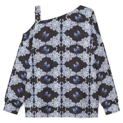 Women’s Off-Shoulder Knit Sweater Noble, Blue Butterfly Pattern